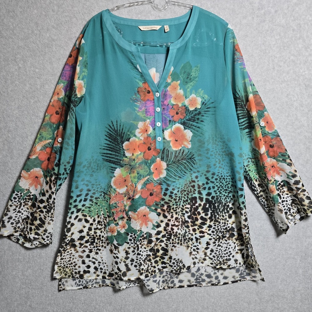 Soft Surroundings Women's Size M Tropical Vacation Sheer Resort Henley Blouse